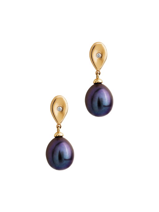 14k gold teardrop diamond and black pearl earrings photo
