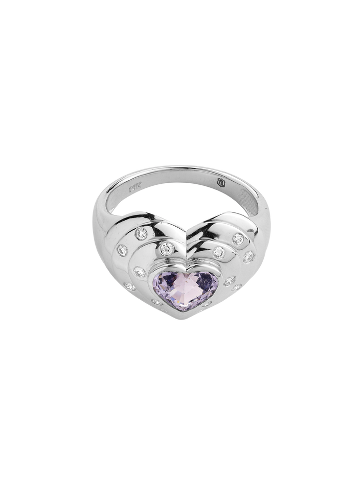 14k white gold GIA certified natural lavender spinel and diamond heart ring