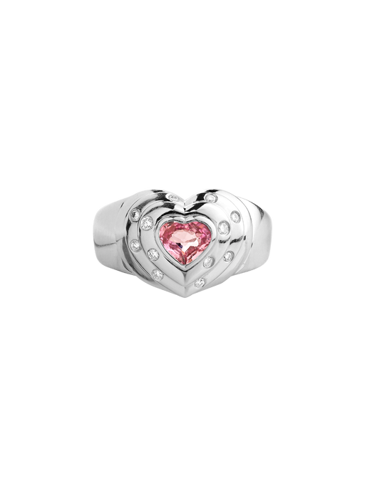 14k white gold natural pink sapphire and diamond heart ring photo