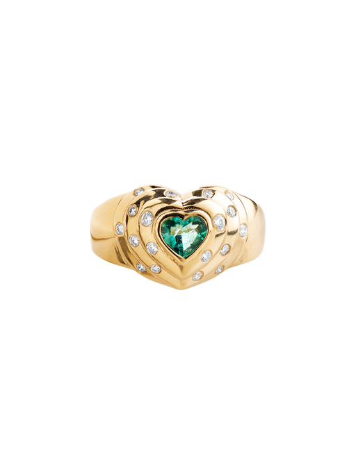 14k yellow gold emerald and diamond heart ring photo