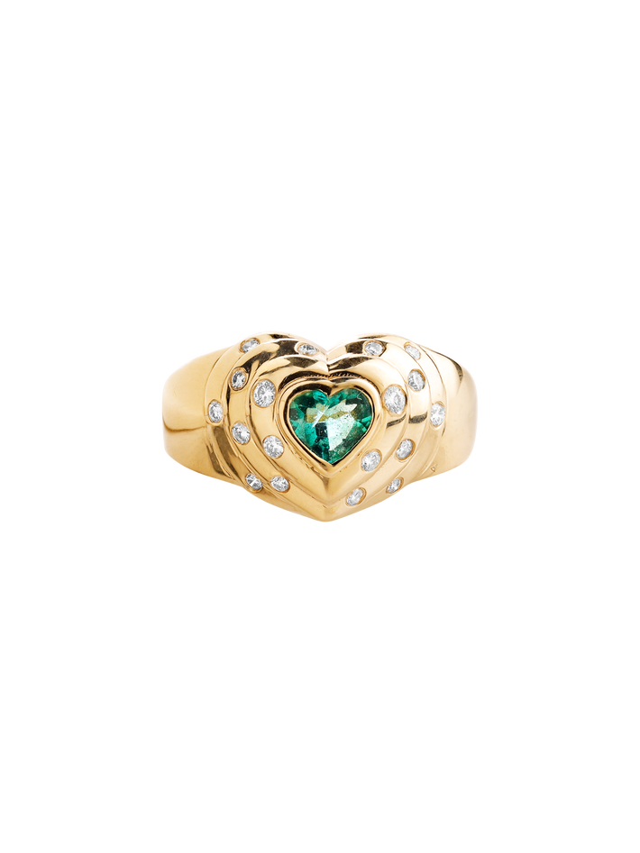 14k yellow gold emerald and diamond heart ring