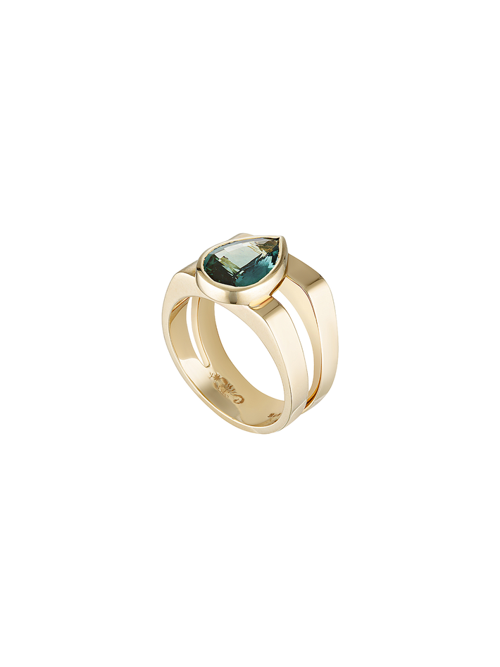 Pear teal sapphire ziggy ring