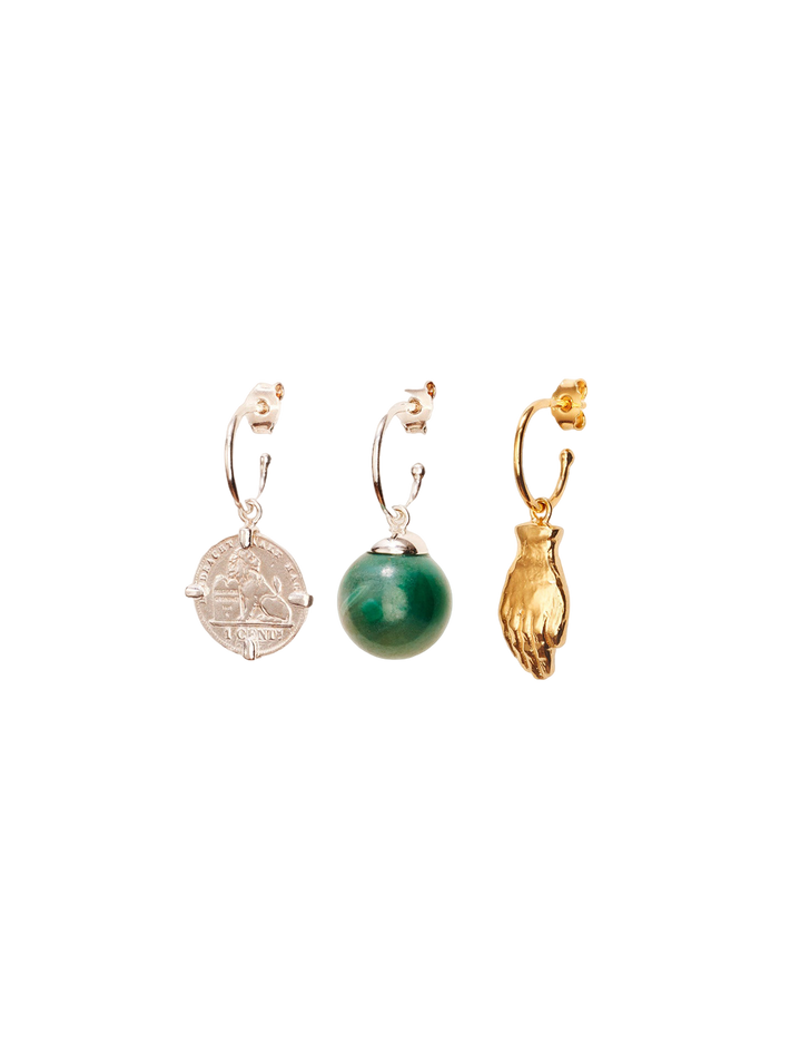 Triple charm hoops with coin, hand and green agate