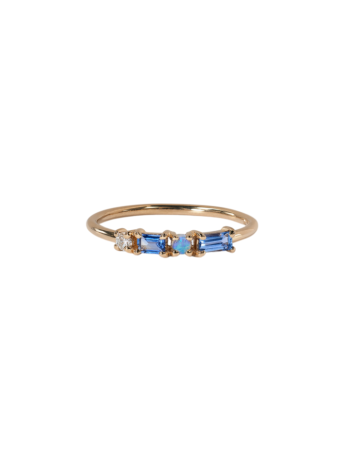 Sapphire, diamond and opal pillar ring