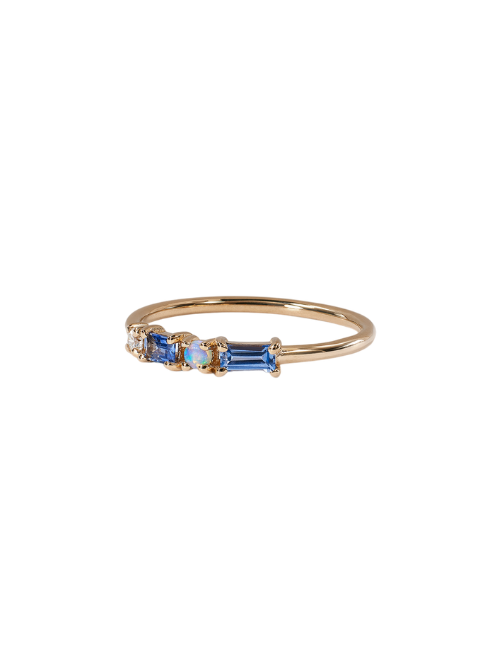 Sapphire, diamond and opal pillar ring