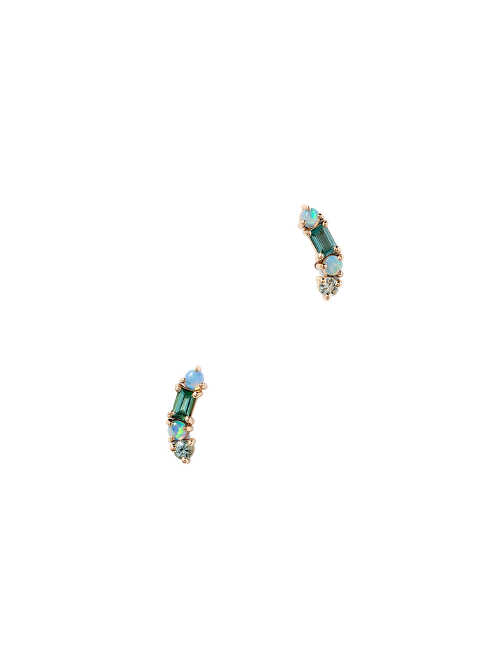 Opal and tourmaline crescent pillar earrings