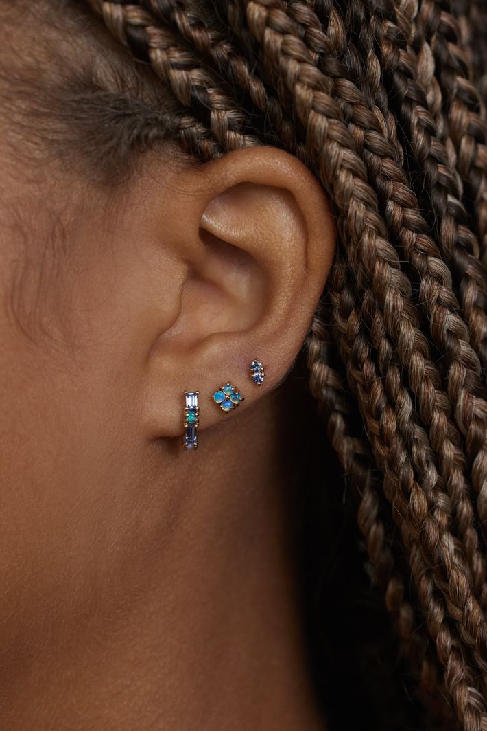 Sapphire & opal pillar huggie earring