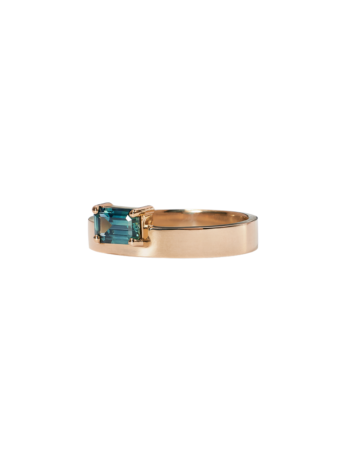 Horizontal emerald cut sapphire monolith ring