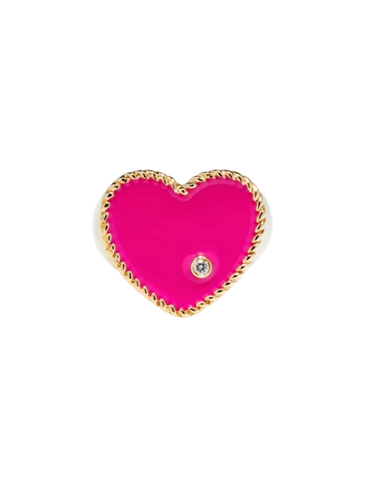 Neon fuchsia heart signet ring yellow gold photo