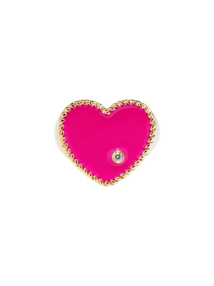 Neon fuchsia heart signet ring yellow gold