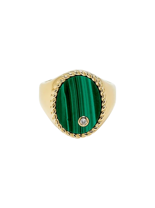 Yellow gold malachite oval signet ring photo
