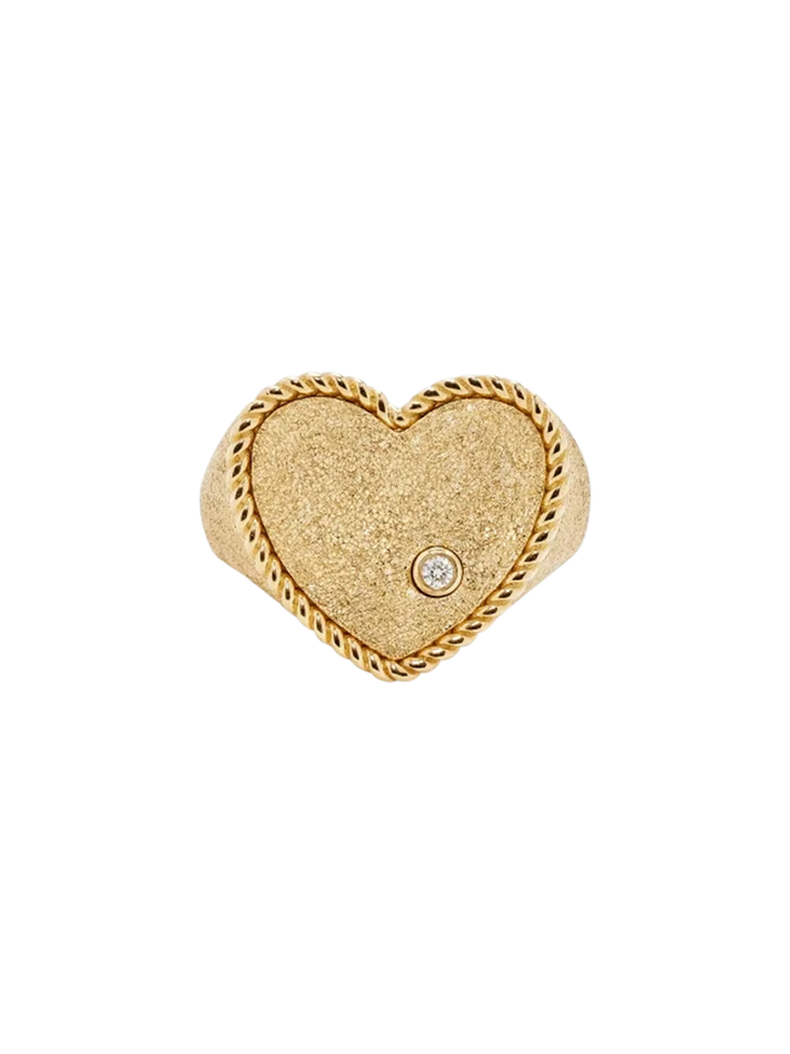 Yellow gold sequined heart signet ring