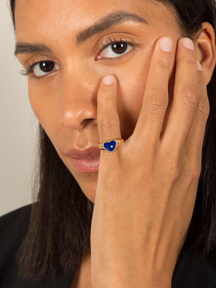 Mini diamond, lapis and gold heart signet ring