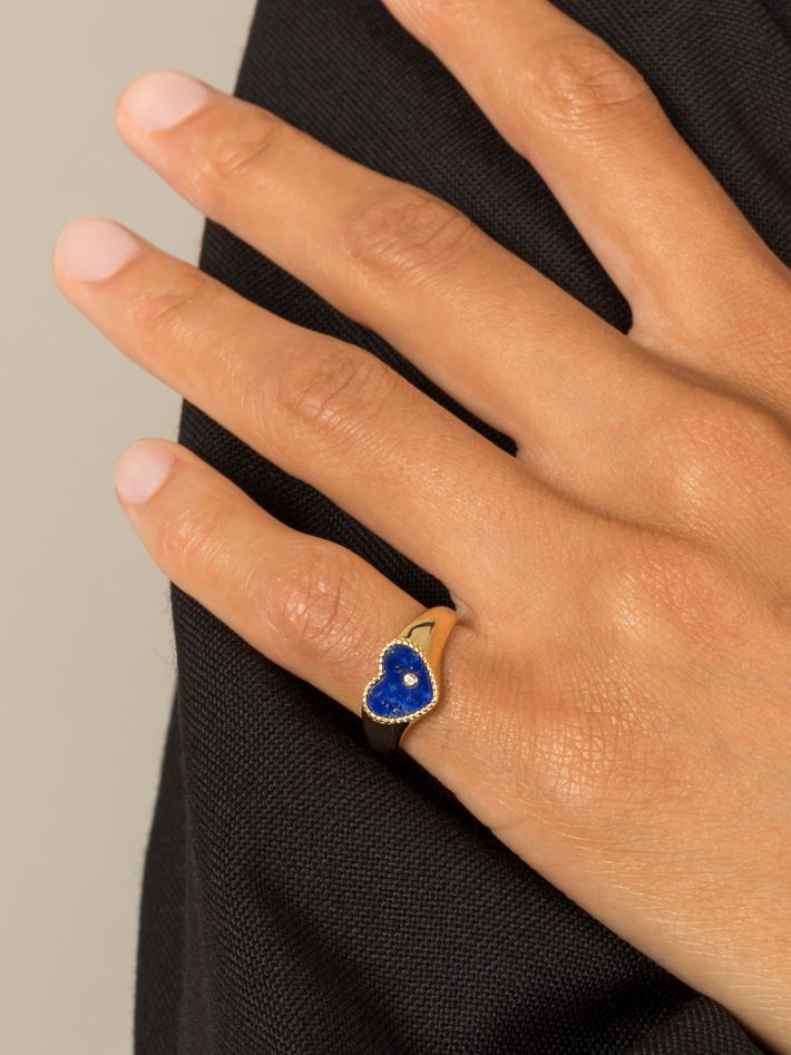 Mini diamond, lapis and gold heart signet ring