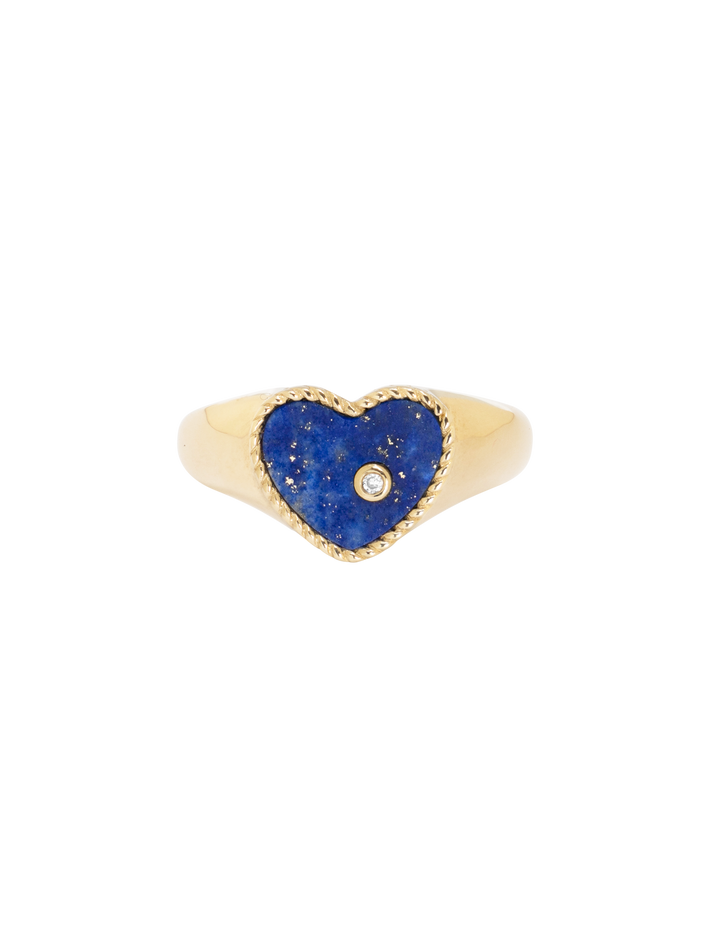 Mini diamond, lapis and gold heart signet ring
