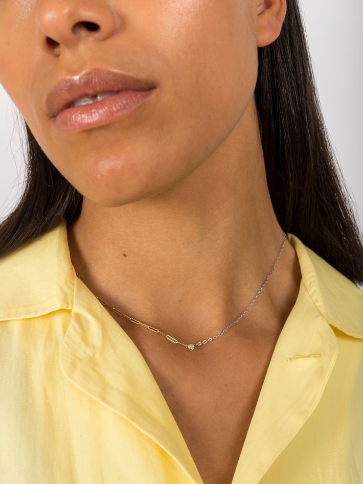 Two tone round diamond solitaire mixed-chain necklace