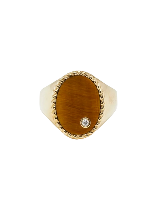 Yellow gold tiger eye oval signet ring photo