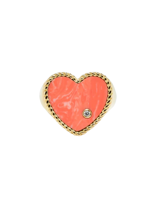 Yellow gold coral heart signet ring photo