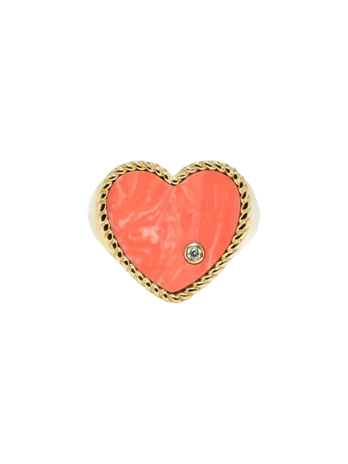 Yellow gold coral heart signet ring