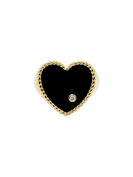 Yellow gold onyx heart signet ring photo