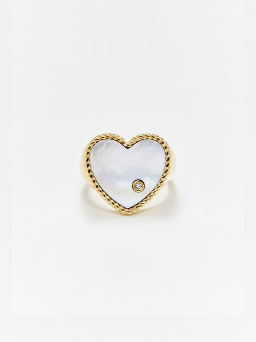 Diamond, mother of pearl and gold heart signet ring photo