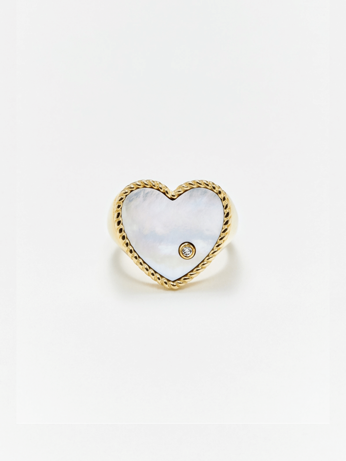 Diamond, mother of pearl and gold heart signet ring