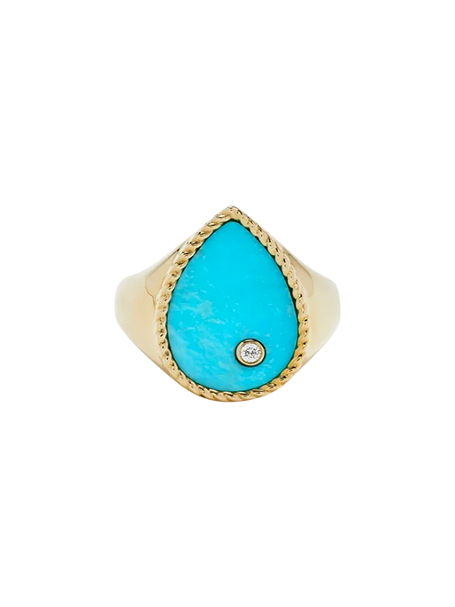 Yellow gold turquoise pear signet ring photo