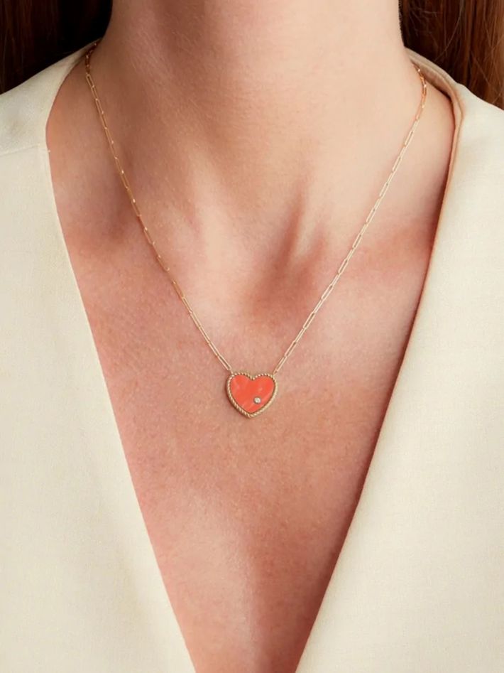 Yellow gold coral heart diamond necklace