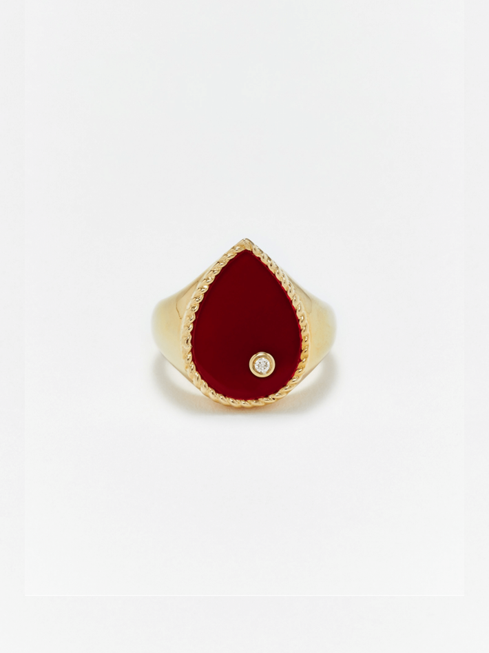 Diamond, agate and gold pear signet ring