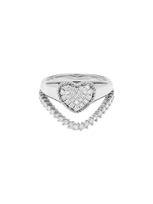 Mini set chevalière coeur & bague vague diamant or blanc ring photo