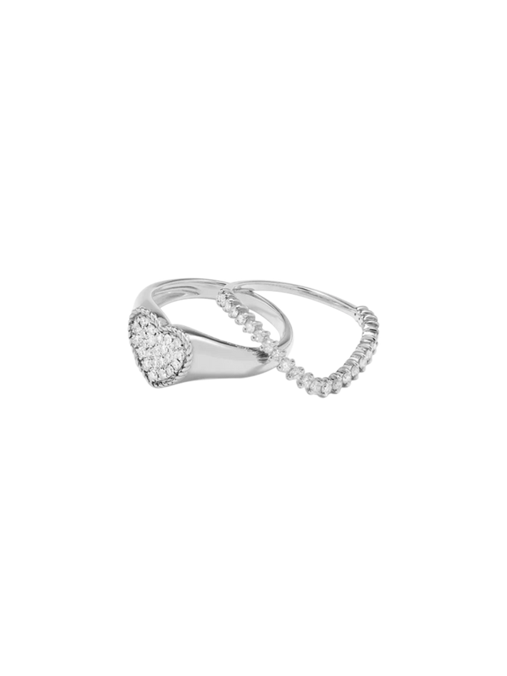 Mini set chevalière coeur & bague vague diamant or blanc ring