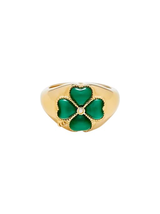 Yellow gold malachite mini clover dome ring photo