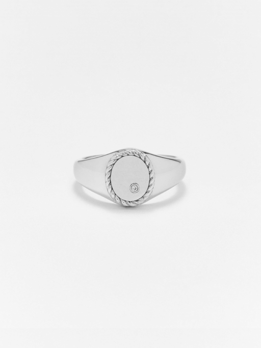 Mini diamond and white gold oval signet ring photo