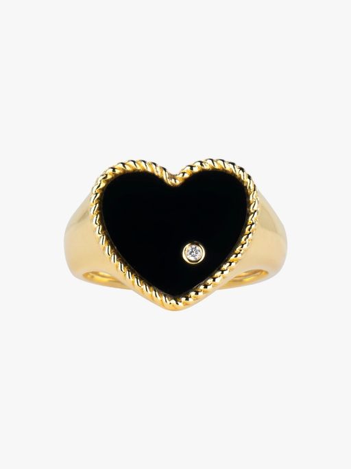 Diamond, onyx and gold heart signet ring photo