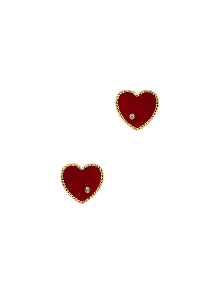 Yellow gold red agate heart studs