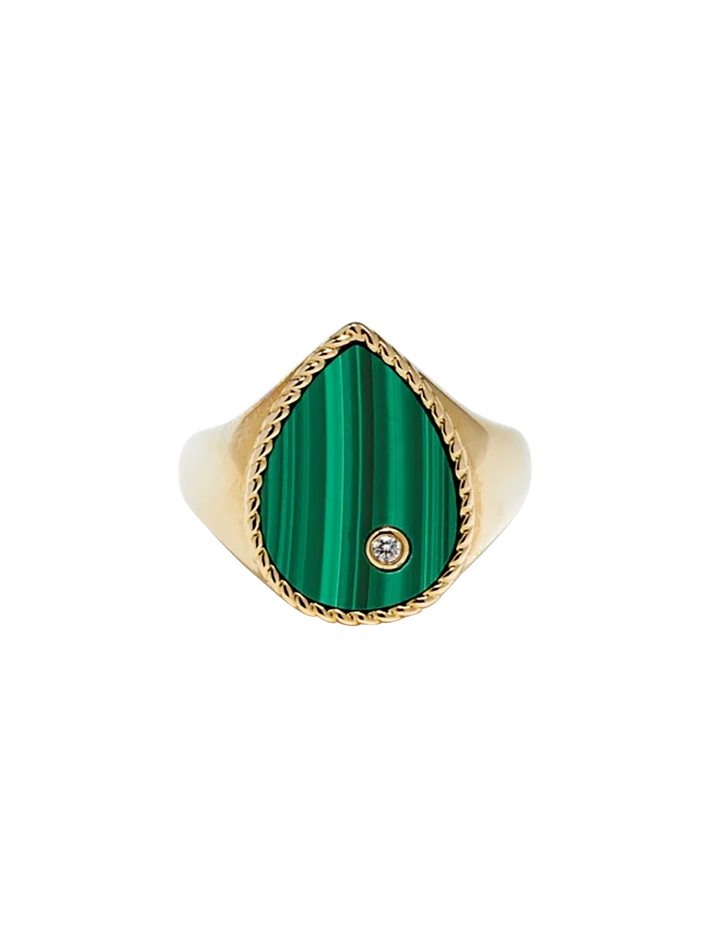 Yellow gold malachite pear signet ring
