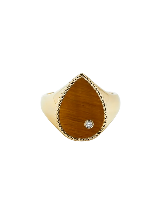 Yellow gold tiger eye pear signet ring photo