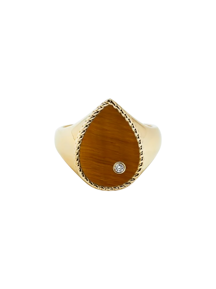 Yellow gold tiger eye pear signet ring