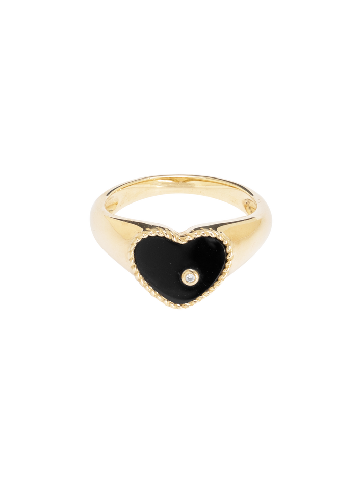 Mini diamond, onyx and gold heart signet ring