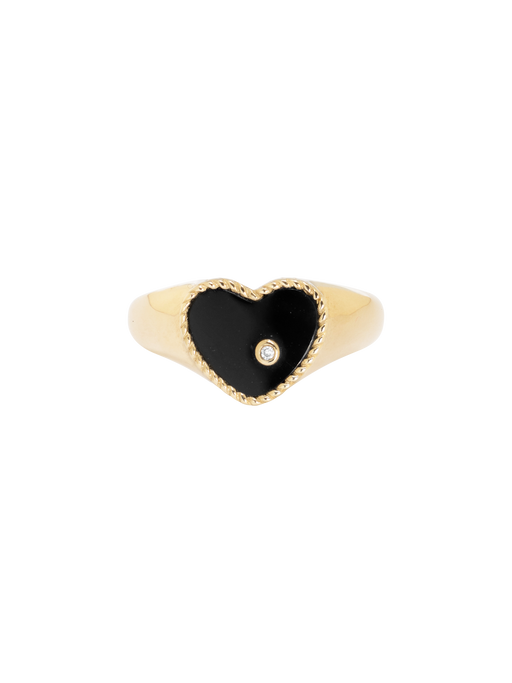 Mini diamond, onyx and gold heart signet ring photo