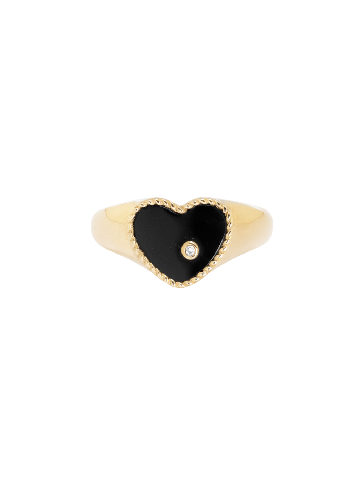 Mini diamond, onyx and gold heart signet ring