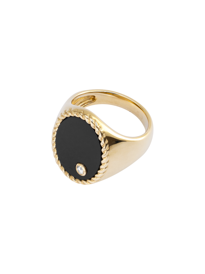 Diamond, onyx and gold oval signet ring