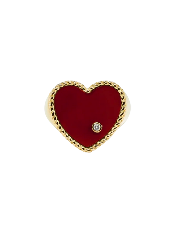 Yellow gold red agate heart signet ring