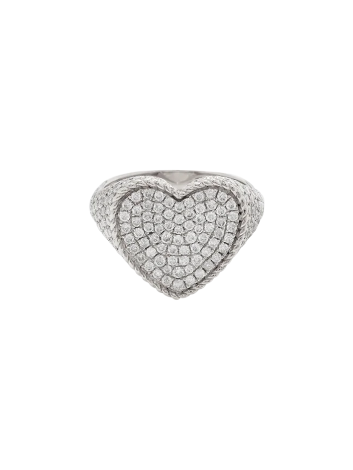 White gold full diamond heart signet ring