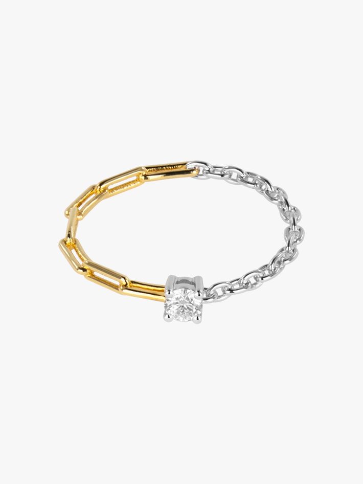 Two tone diamond solitaire mixed-chain ring