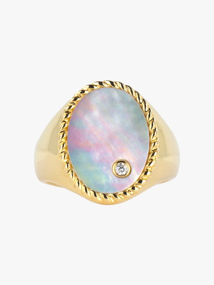 Diamond, mother of pearl and gold oval signet ring