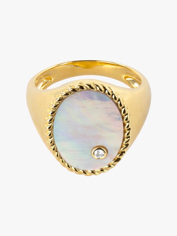 Diamond, mother of pearl and gold oval signet ring