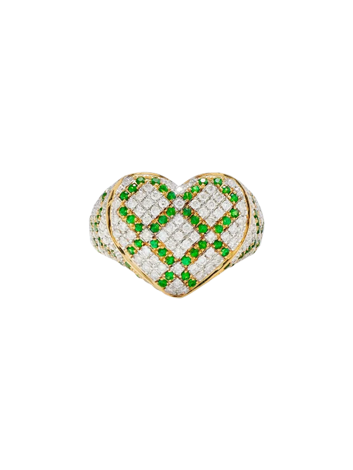 Yellow gold tsavorite diamonds heart signet ring