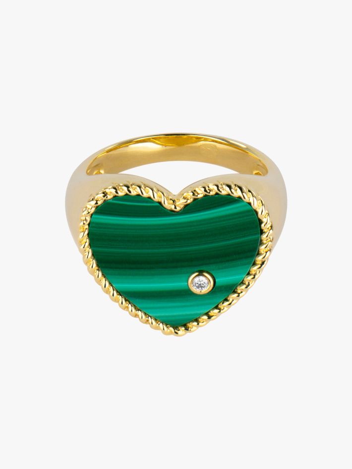 Diamond, malachite and gold heart signet ring