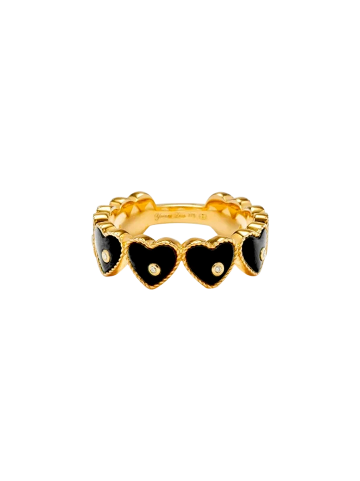 Yellow gold onyx multi hearts wedding ring